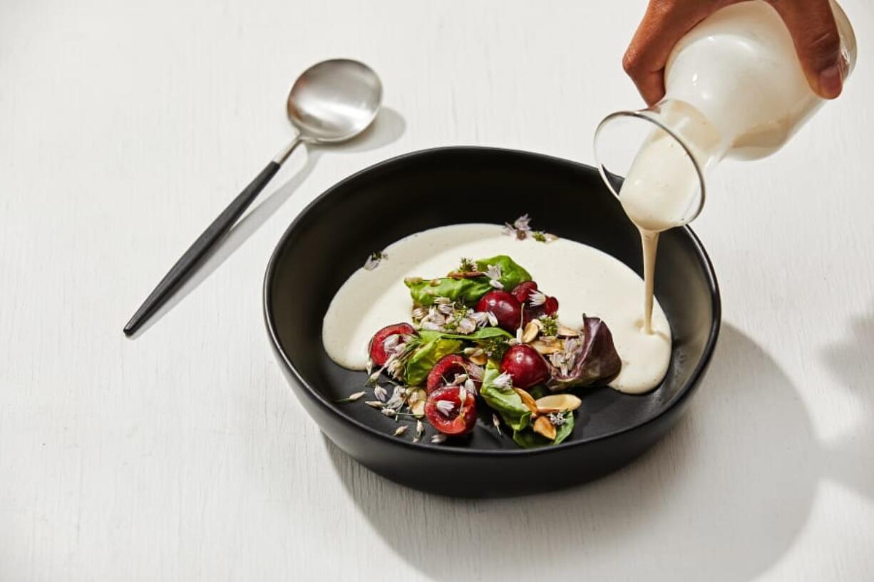 Almond Gazpacho With Cherries and Flowers.