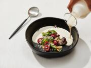 Almond Gazpacho With Cherries and Flowers.