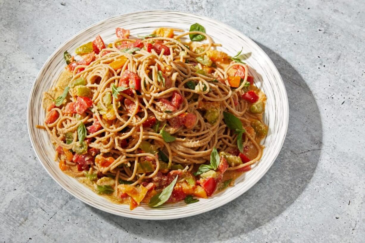 Summer Tomato and Basil Pasta With Pine Nut Sauce.