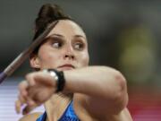 Kara Winger, of the United States, competes in the women&#039;s javelin throw at the World Athletics Championships in Doha, Qatar, Monday, Sept. 30, 2019. (AP Photo/David J.