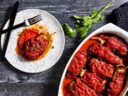 Eggplant Stuffed With Onions, Peppers, Cheese and Nuts.