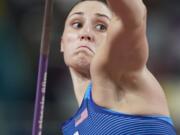 Kara Winger, of the United States, competes in the women&#039;s javelin throw final at the World Athletics Championships in Doha, Qatar, Tuesday, Oct. 1, 2019. (AP Photo/David J.