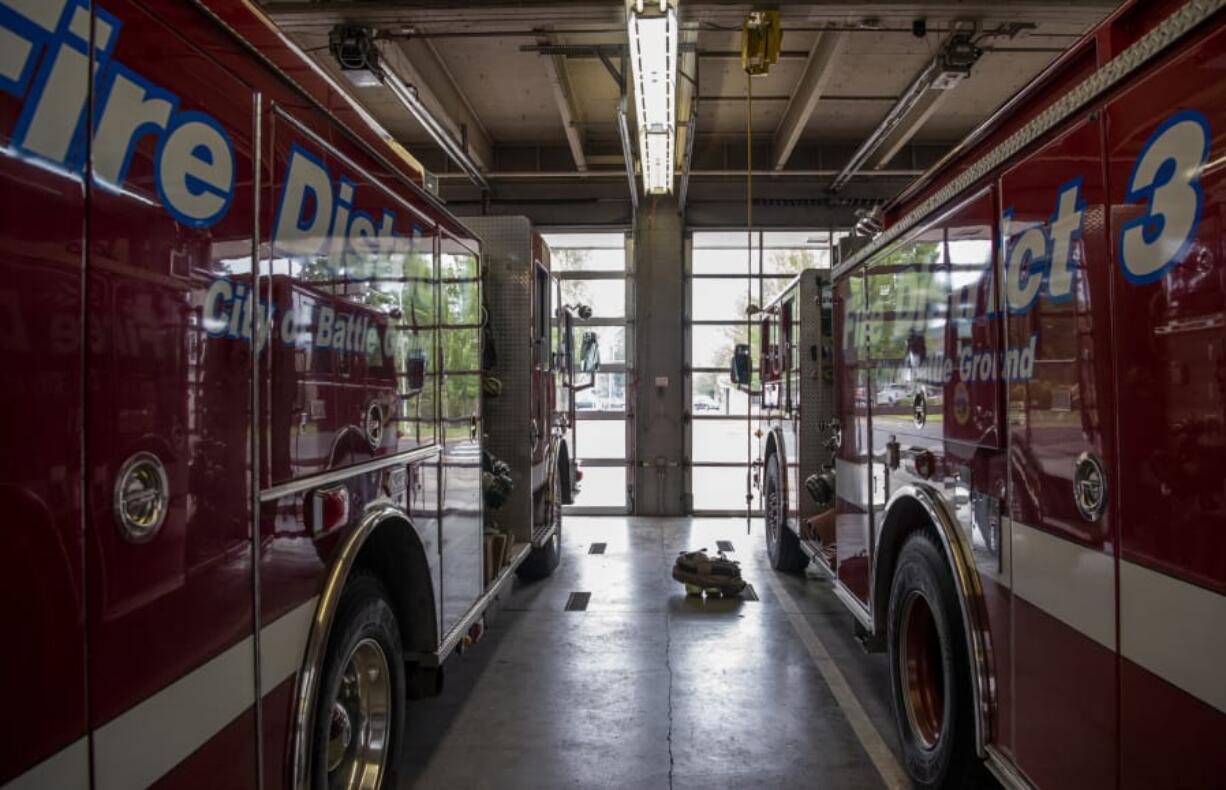 Fire District 3 trucks are parked in the garage at the station in Battle Ground in June. The Battle Ground City Council will let residents vote on whether the city should be annexed into Fire District 3 in the February election.