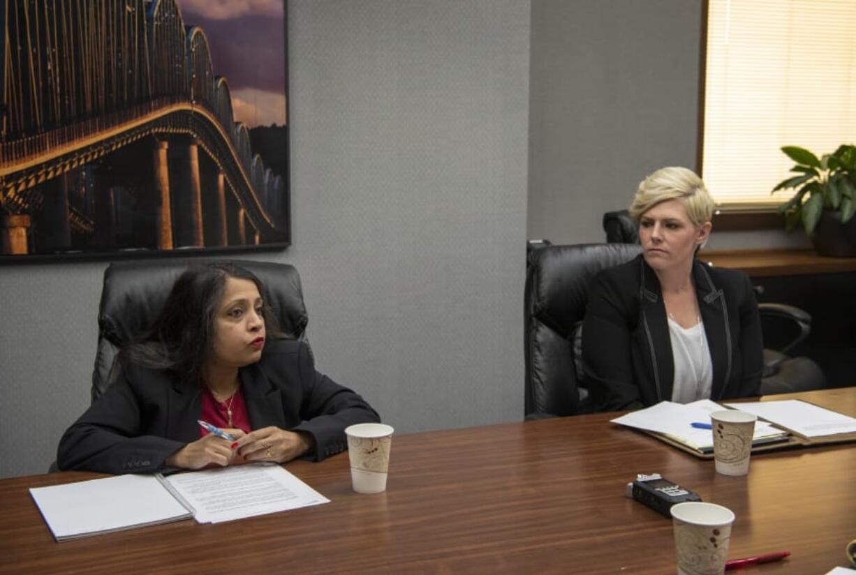 Evergreen School Board District 4 candidate Divya Jain, left, and incumbent Rachael Rogers, right, met with The Columbian's Editorial Board in Vancouver on Tuesday morning. Rogers was appointed to fill the seat in February to replace Todd Yuzuriha.