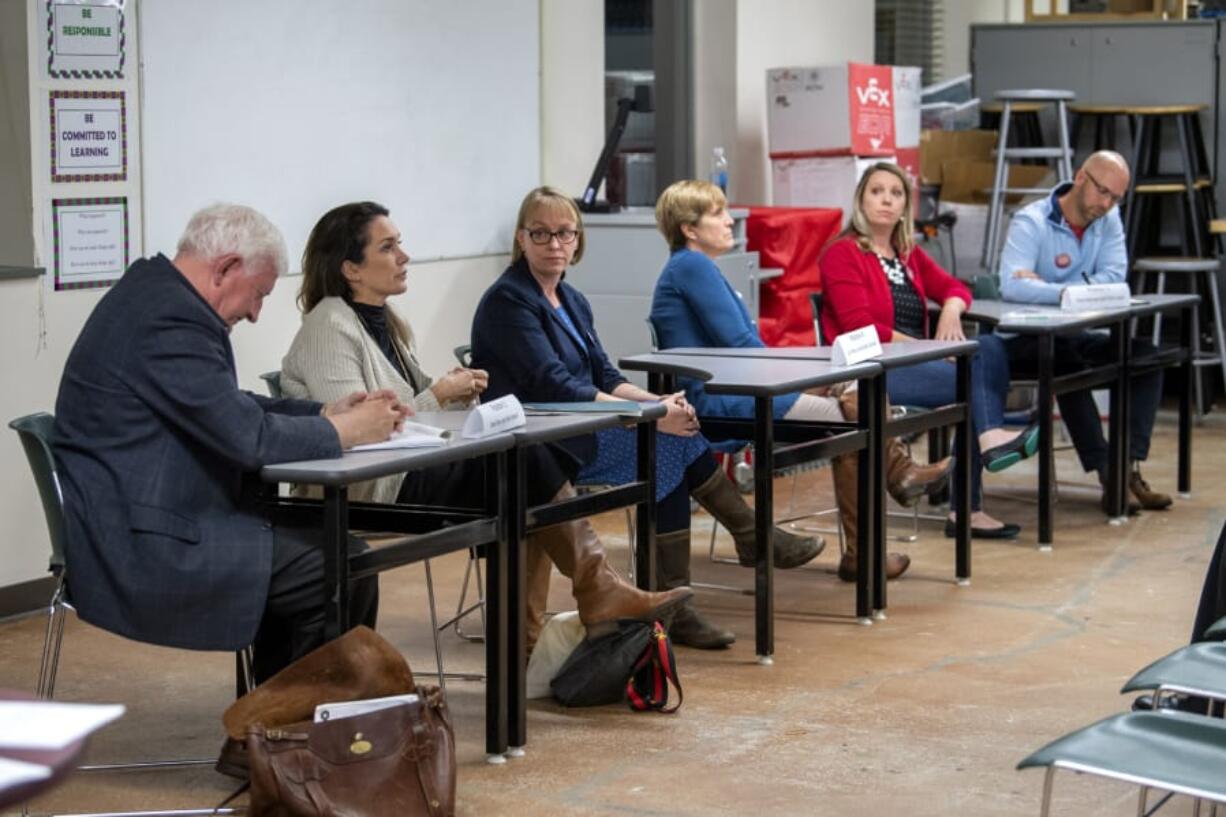 Vancouver Public Schools Board of Directors candidates participate in a candidate forum put on by the Vancouver Council PTA 3.7 at Vancouver iTech Preparatory on Thursday evening. There are six candidates running for three seats on the school board.