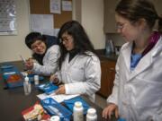 Henrietta Lacks Health and Bioscience High School seniors Dante Diaz, from left, Paola Terrazas and Anastasiya Kashyrna demonstrate how they learn how to count medication in their pharmacology classroom. The classrooms use pretend medicine, like cornstarch pills, or even beans and beads to mimic medication. Henrietta Lacks High offers programs in biotechnology, biomedical engineering, public health, pharmacy, nursing and patient services.