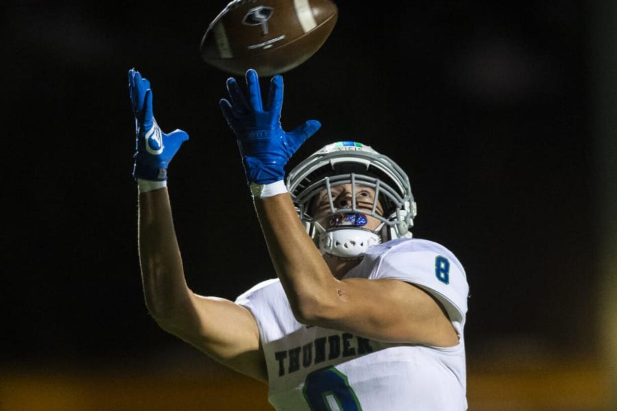 Mountain View???s Dominic Stephens drops a pass in the end zone during a game against Prairie at Battle Ground District Stadium Thursday night, Oct. 10, 2019.