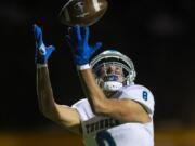 Mountain View???s Dominic Stephens drops a pass in the end zone during a game against Prairie at Battle Ground District Stadium Thursday night, Oct. 10, 2019.