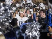 Skyview celebrates their 30-3 victory over Union after a game at McKenzie Stadium on Friday night, Oct. 11, 2019.