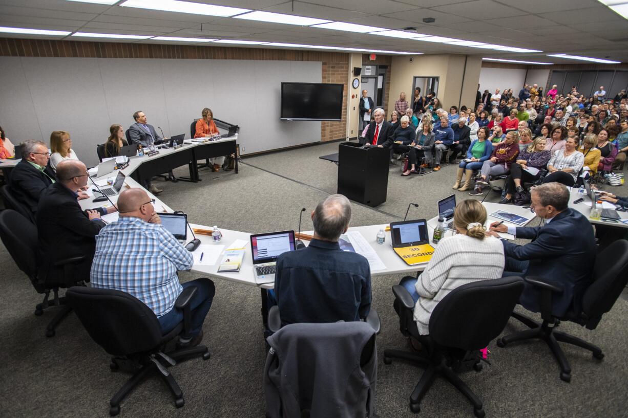 Jeff Lewis speaks to the Battle Ground Public Schools Board of Directors about his opposition to proposed sex education curriculum during a meeting Oc.t 14, 2019.