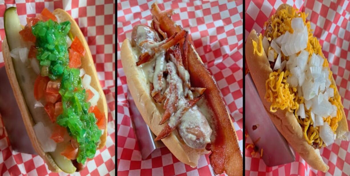 Chicago Dog, Bacon & Creamy Gorgonzola Dog, Chili Dog trio at MADdogs Gourmet Hot Dogs.