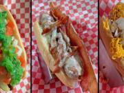 Chicago Dog, Bacon & Creamy Gorgonzola Dog, Chili Dog trio at MADdogs Gourmet Hot Dogs.