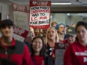 More than 50 members of the Oregon Federation of Nurses and Health Professionals hold a rally and march through PeaceHealth Southwest Medical Center to support the union&#039;s bargaining team on Wednesday. L.C. stands for &quot;low census,&quot; which refers to staff members having short-notice shift cancellations. This situation can lead to staff members having to take PTO to fill the gaps in their hours for the week.