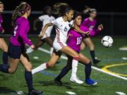 UnionCfUs Maya Woods and SkyviewCfUs Olivia Calton battle for the ball as Woods drives into Skyview territory during a game at Skyview High School on Tuesday night, Oct. 22, 2019.