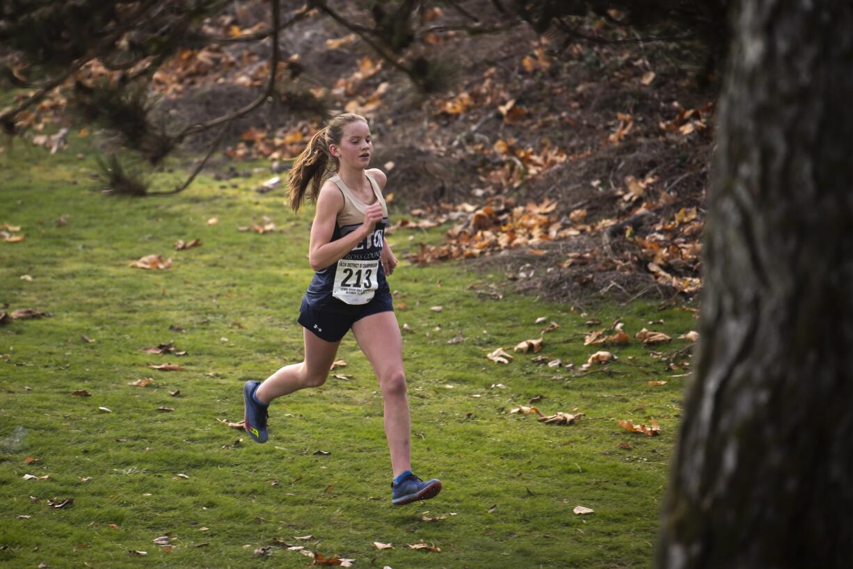 Seaton’s Lara Carrion leads the race during the 1A Girls District Cross Country meet at Lewis River Golf Course on Thursday afternoon, Oct. 31, 2019.  Seton Catholic is one of the school interested in running with Columbia High School in White Salmon if they can make some cross country meets happen this fall.