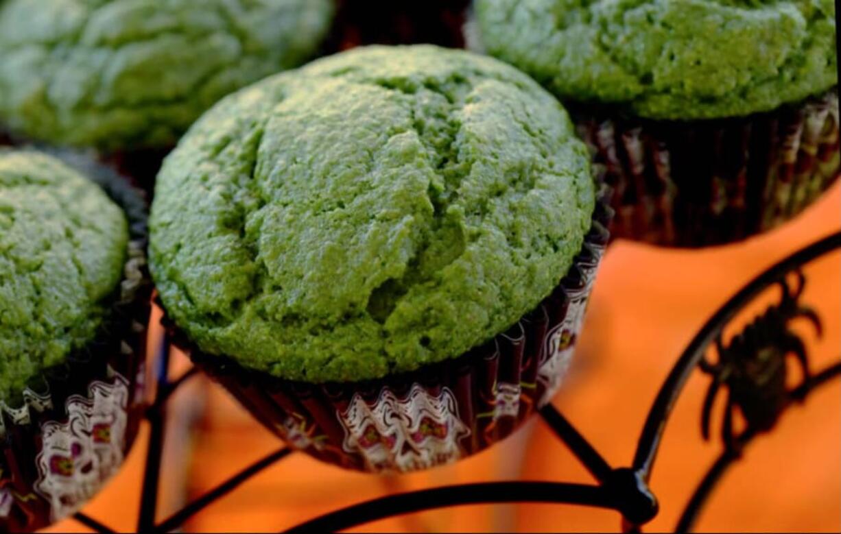 Green is a strange color for banana muffins. Can you guess the secret ingredient in these Frankenmuffins? (Toni L.