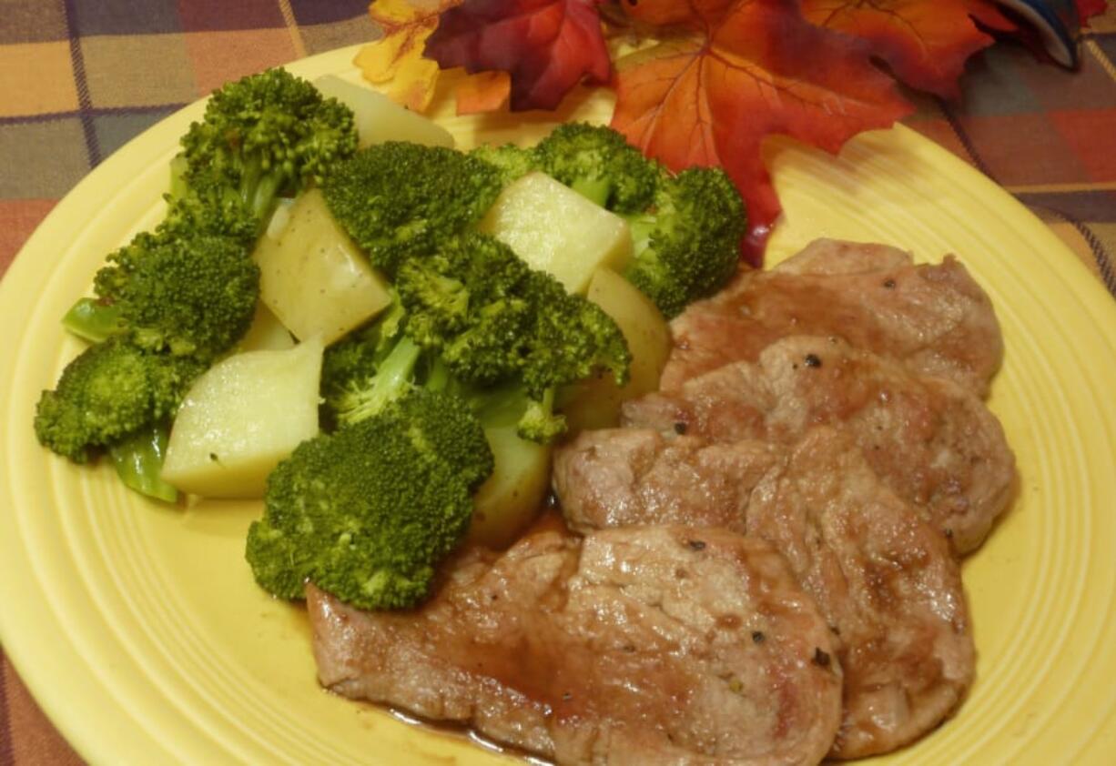 Glazed Pork Medallions With Yellow Potatoes and Broccoli.