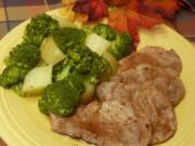 Glazed Pork Medallions With Yellow Potatoes and Broccoli.