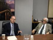 Port of Vancouver commissioner candidates Jack Burkman, left, and Dan Barnes speak with The Columbian's Editorial Board on Sept. 26.