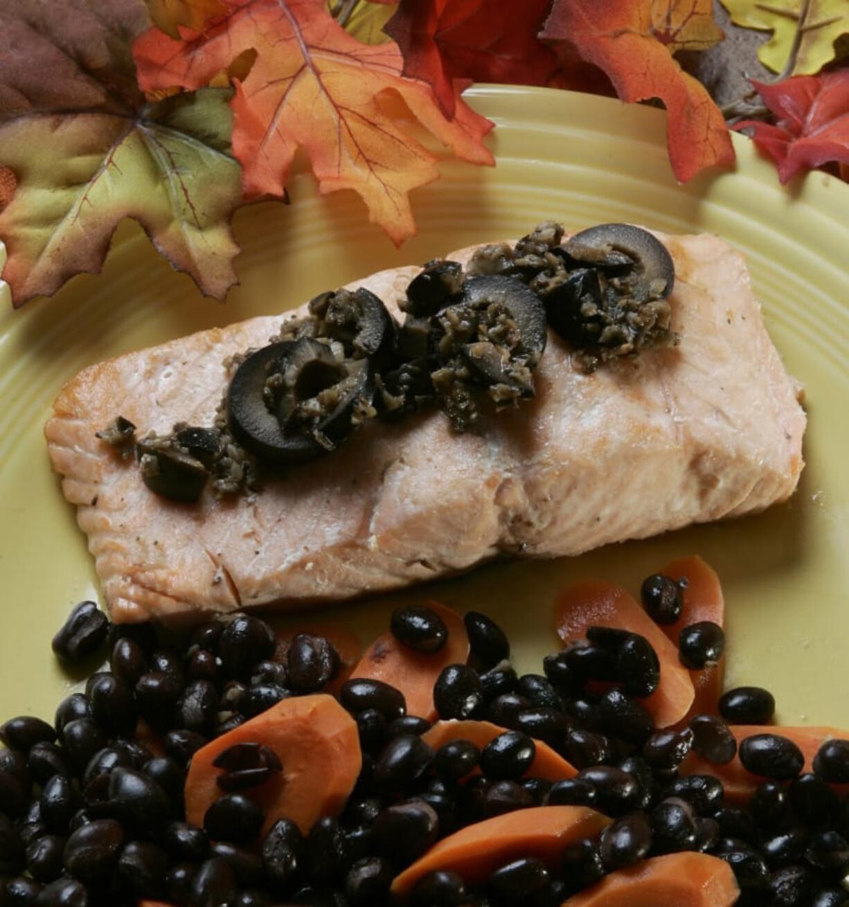 Roasted Halloween Salmon with black olive sauce and black beans and carrots. This is for Linda Gassenheimer&#039;s Dinner in Minutes column.