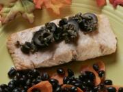 Roasted Halloween Salmon with black olive sauce and black beans and carrots. This is for Linda Gassenheimer&#039;s Dinner in Minutes column.