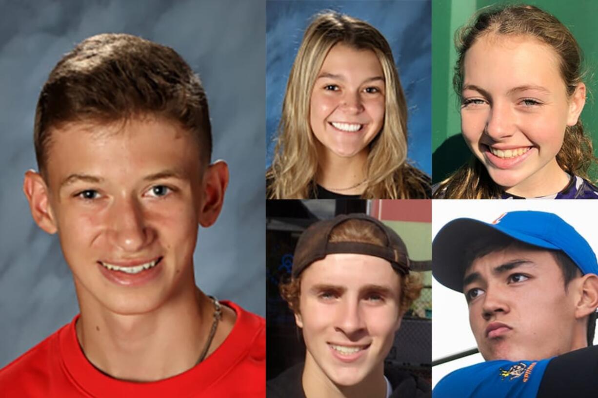 Week 6 Fall Sports Prep Athlete of the Week Evan Jenkins of Camas cross country and other nominees (clockwise from top) Sophia Carter of Prairie volleyball, Brooke Kirby of Heritage slowpitch softball, Cade Bringhurst of Ridgefield golf and Wilson Keller of Columbia River tennis