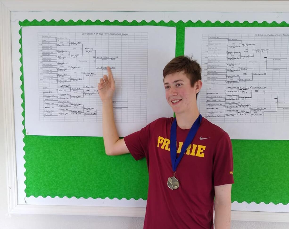 Prairie High School sophomore Elijah Nelson won the 3A district boys tennis singles title on Saturday, Oct. 26, 2019, at Club Green Meadows.