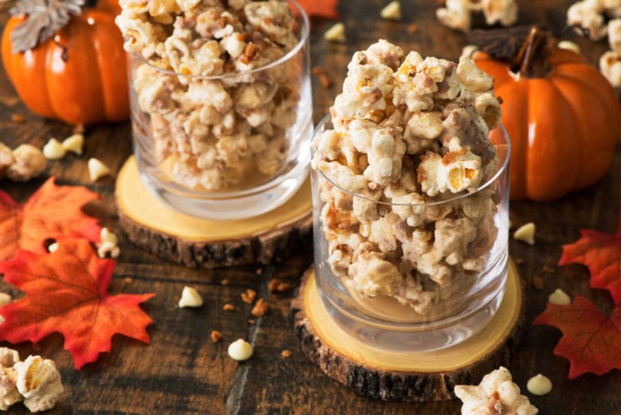 White Chocolate Pumpkin Pie Spice Popcorn Bites.