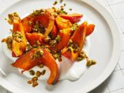 Roasted Squash With Yogurt and Spiced, Buttered Pistachios.