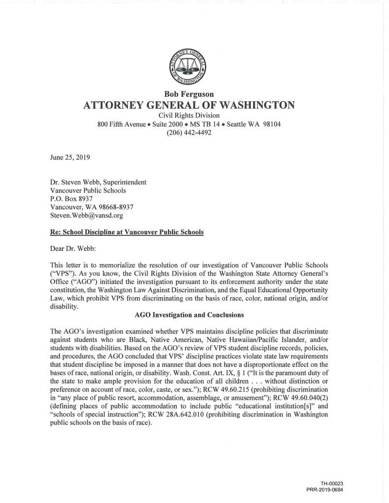 A June 25 letter from the Attorney General’s Office to Vancouver Public Schools, a copy of which was provided to The Columbian, reports that the district's discipline practices led to disproportionately high rates of suspension and expulsion of black, Native Hawaiian and Pacific Islander, and Native American students. Students with disabilities also faced those punishments at higher rates than their non-disabled peers. PDF