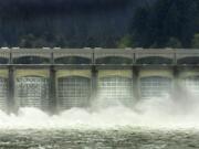 April 18, 2003 -- Jeremiah Coughlan -- Water roils through the spillway and mist whips up the gates at Bonneville Dam,  releasing water at a rate of 263,000 cubic feet per second.