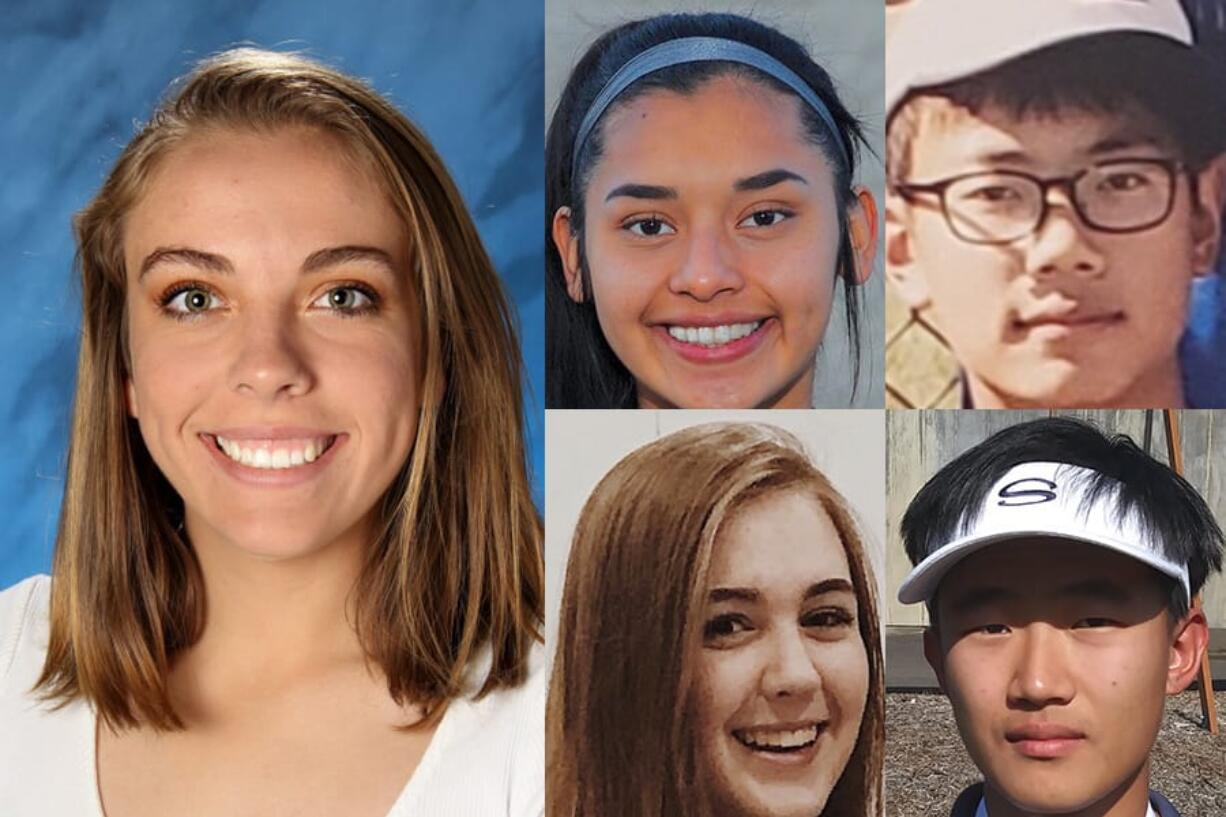 Week 3 fall sports prep athlete of the week Sophie Franklin of Camas (left) with nominees (clockwise from top left) Yaneisy Rodriguez of Columbia River, Kevin Kim of Mountain View, Allen Kim of Skyview and Katie Kogler of Firm Foundation