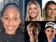 Week 5 fall sports prep athlete of the week Maya Woods with nominees (clockwise from top left) Abby Cummins of King's Way Christian, Hailey Grotte of La Center, Graham Moody of Mountain View and Jonathan Hutley of Skyview