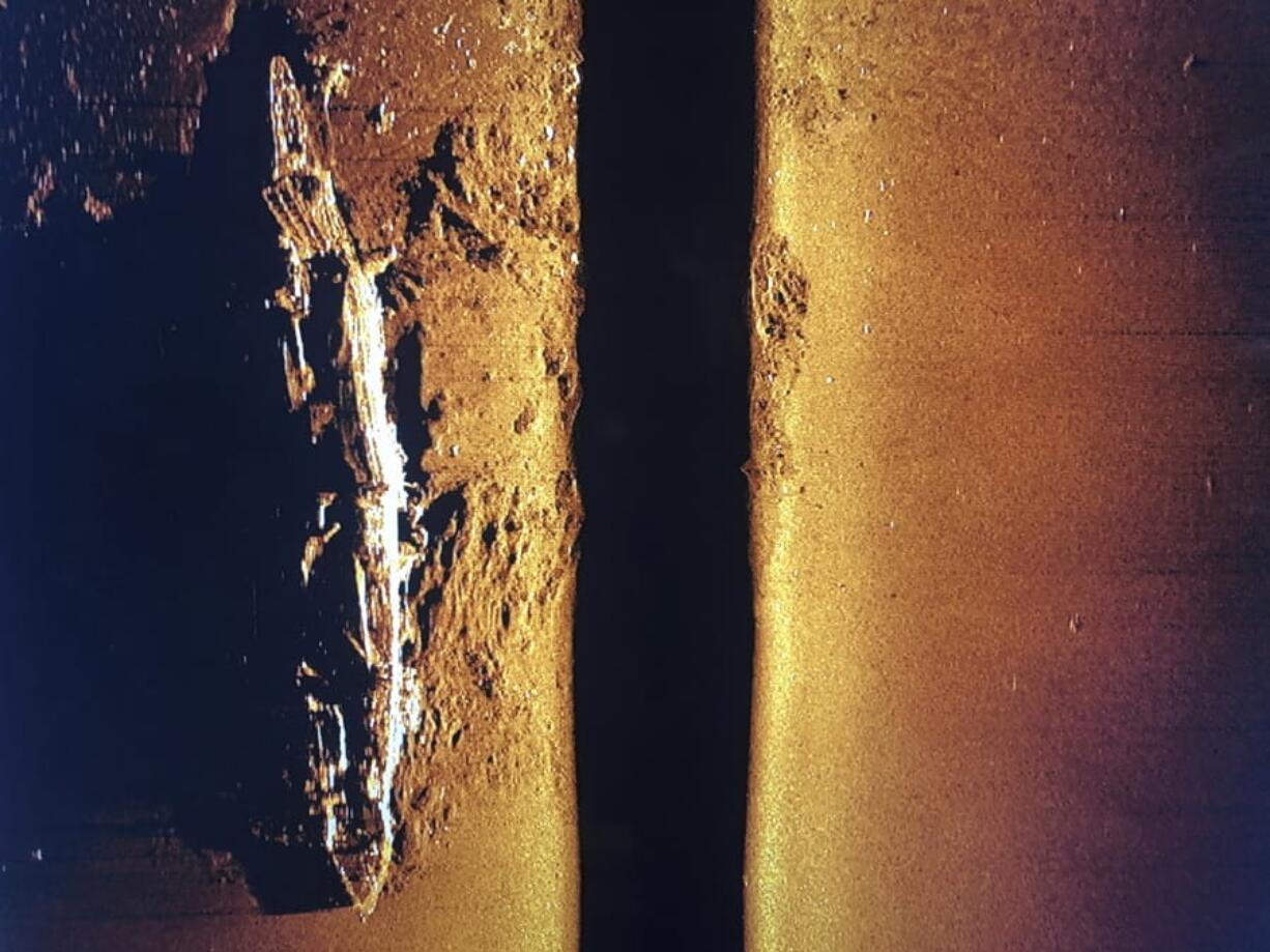 A high frequency sonar image of the flagship Japanese aircraft carrier Akagi is shown aboard the research vessel Petrel on Sunday, Oct. 20, 2019 off Midway Atoll in the Northwestern Hawaiian Islands. The crew of the Petrel confirmed the ship was the Akagi based on its measurements and location. The ship sand during the 1942 WWII Battle of Midway.