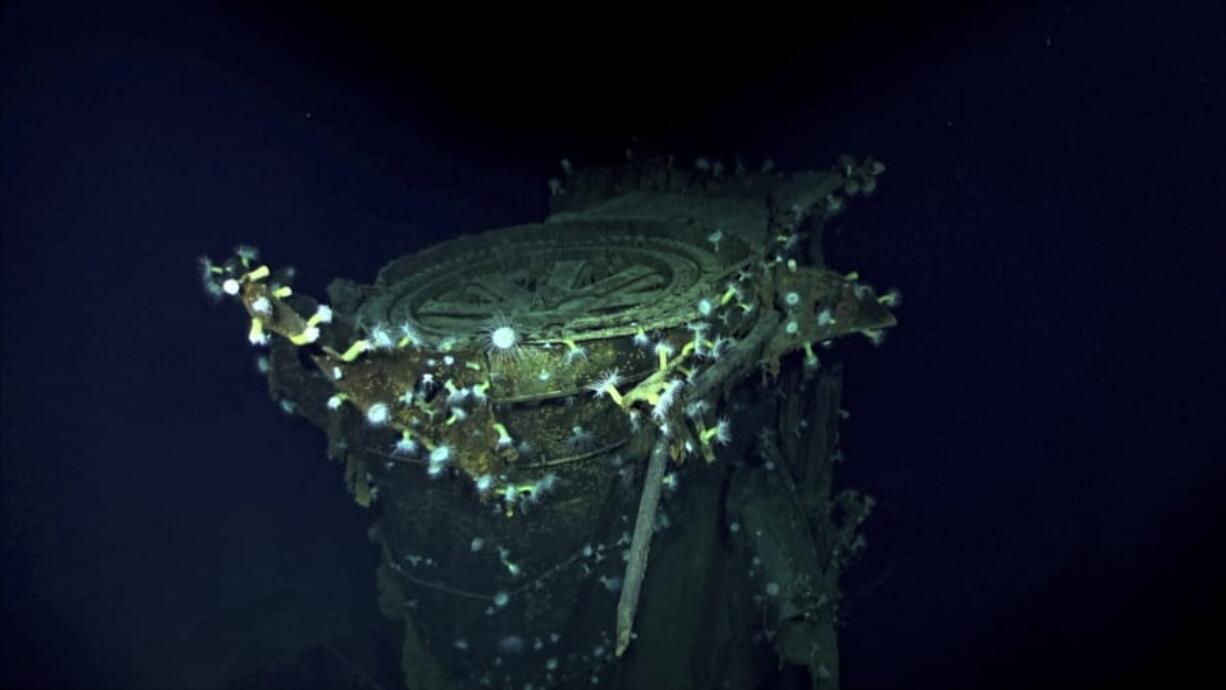 Part of the sunken Japanese aircraft carrier Kaga is shown in the Pacific Ocean off Midway Atoll on Oct. 7.