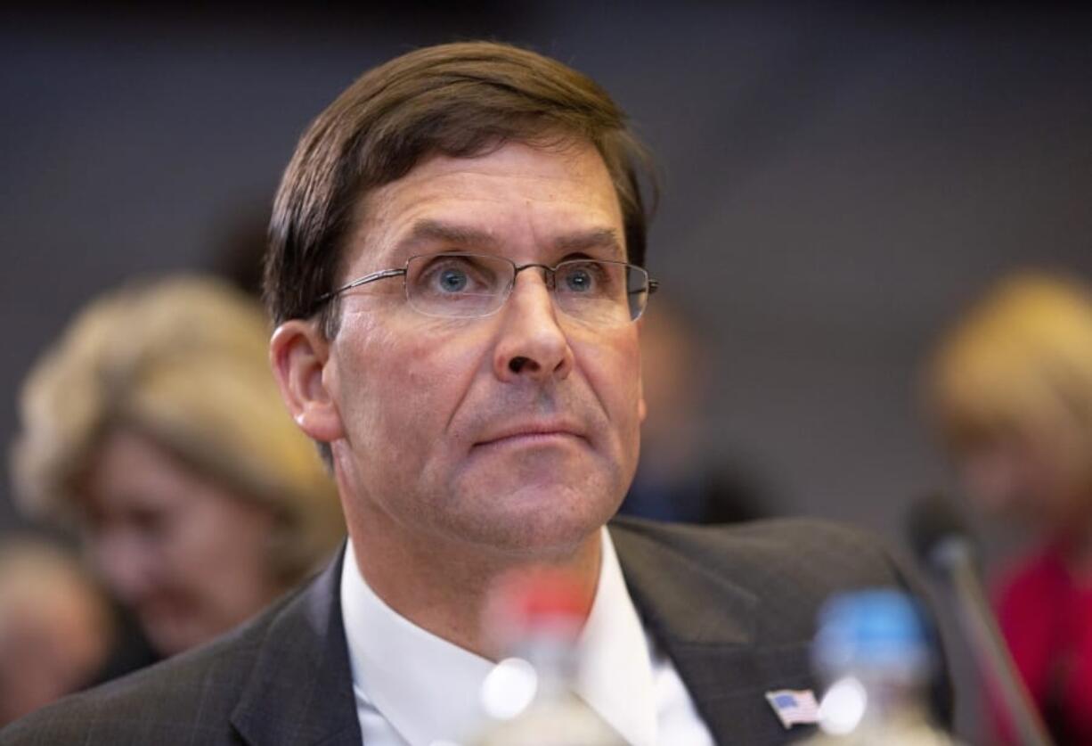 U.S. Secretary for Defense Mark Esper waits for the start of a meeting of NATO defense ministers at NATO headquarters in Brussels, Thursday, Oct. 24, 2019. NATO defense ministers gather for a two-day meeting to discuss the invasion of northern Syria by alliance member Turkey, amid deep concern over Ankara&#039;s actions.