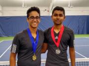 2019 4A district boys singles tennis champion Akash Prasad (left) and runner-up Shiva Narayanan, both from Camas.