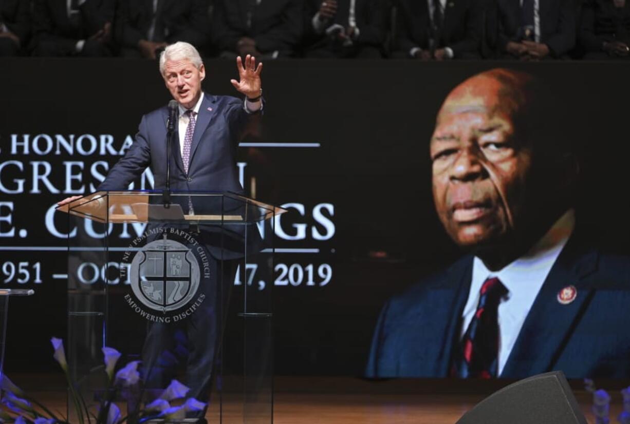 Maya Rockeymoore Cummings, second from right, watches pallbearers move the casket of her husband, Rep. Elijah Cummings, at the conclusion of his funeral service at New Psalmist Baptist Church, Friday, Oct. 25, 2019, in Baltimore. The Maryland congressman and civil rights champion died Thursday, Oct. 17, at age 68 of complications from long-standing health issues.