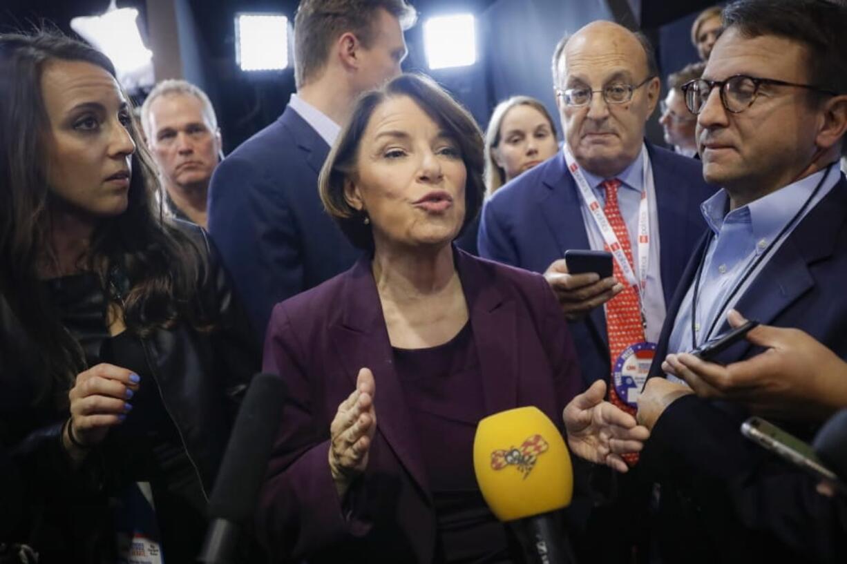 Democratic presidential candidate Sen. Amy Klobuchar, D-Minn., speaks to media in the spin room following a Democratic presidential primary debate hosted by CNN/New York Times at Otterbein University, Tuesday, Oct. 15th, 2019, in Westerville, Ohio.