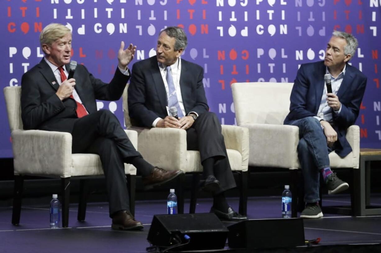 Republican presidential candidates Bill Weld, left, Mark Sanford and Joe Walsh, right, take part in a forum at Politicon Saturday, Oct. 26, 2019, in Nashville, Tenn.