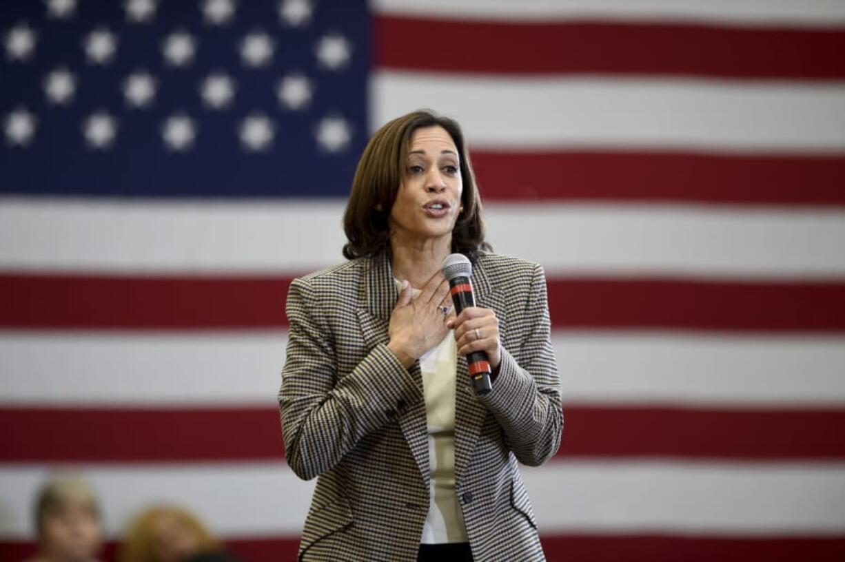 Democratic presidential candidate Kamala Harris speaks during a rally at Aiken High School in Aiken, S.C. Saturday, Oct. 19, 2019.