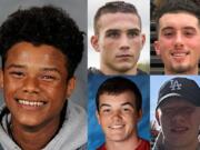 Week 6 football player of the week Steven Hancock of Battle Ground with other nominees (clockwise from top left) Brevan Bea of Washougal, Carter Monda of Evergreen, Mason Packer of King's Way Christian and Cooper Barnum of Skyview.