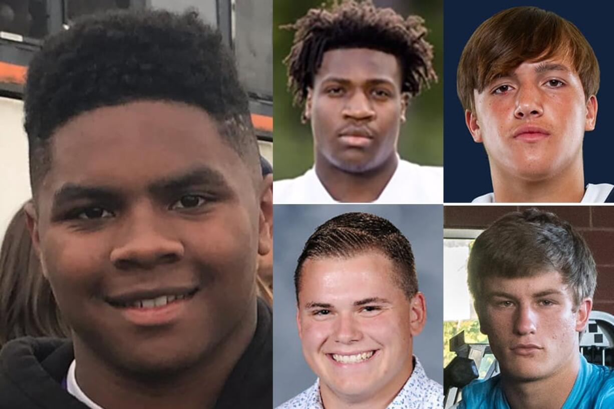 Week 7 prep football player of the week Isaac Bibb-O'Neill with nominees (clockwise from top left) Derrick Webb of Evergreen, Bailey Meek of King's Way Christian, Levi Crum of Hockinson and Hunter Abrams of Ridgefield