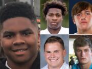 Week 7 prep football player of the week Isaac Bibb-O'Neill with nominees (clockwise from top left) Derrick Webb of Evergreen, Bailey Meek of King's Way Christian, Levi Crum of Hockinson and Hunter Abrams of Ridgefield