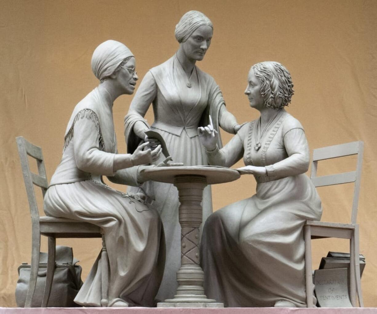 A one-third scale clay model of Sojourner Truth, left, Susan B. Anthony, center, and Elizabeth Cady Stanton on Oct. 6 at Meredith Bergmann&#039;s studio in Ridgefield, Conn. A New York City commission voted Monday to erect a tribute to the three civil rights pioneers.