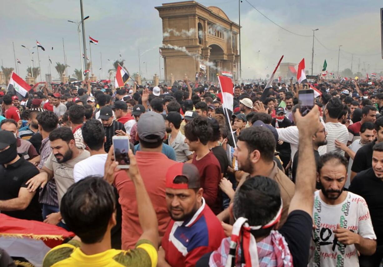 Anti-government protesters gather around the provincial council building during a demonstration in Basra, Iraq, Friday, Oct. 25, 2019. After a week of violence in the capital and the country&#039;s southern provinces, a government-appointed inquiry into the protests determined that security forces had used excessive force, killing 149 people and wounding over 3,000, and recommended the firing of security chiefs in Baghdad and the south.