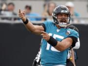 Jacksonville Jaguars quarterback Gardner Minshew II celebrates after running for a first down and drawing a penalty against the New York Jets during the second half of an NFL football game, Sunday, Oct. 27, 2019, in Jacksonville, Fla. (AP Photo/Stephen B.