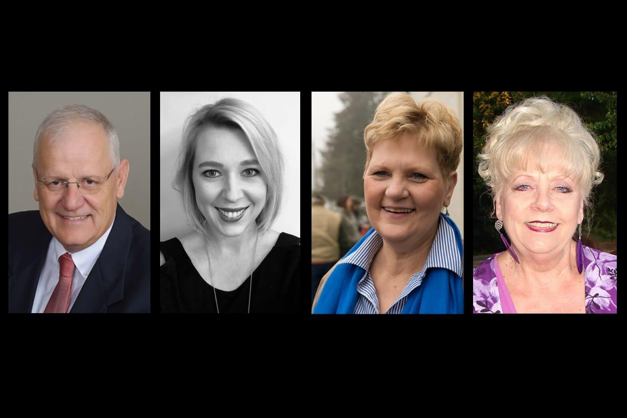 Candidates for La Center Mayor, from left, Greg Thornton and Brittney Tracy. Candidates for La Center City Council Position 5, from left, Elizabeth M. Cerveny and Linda Tracy.