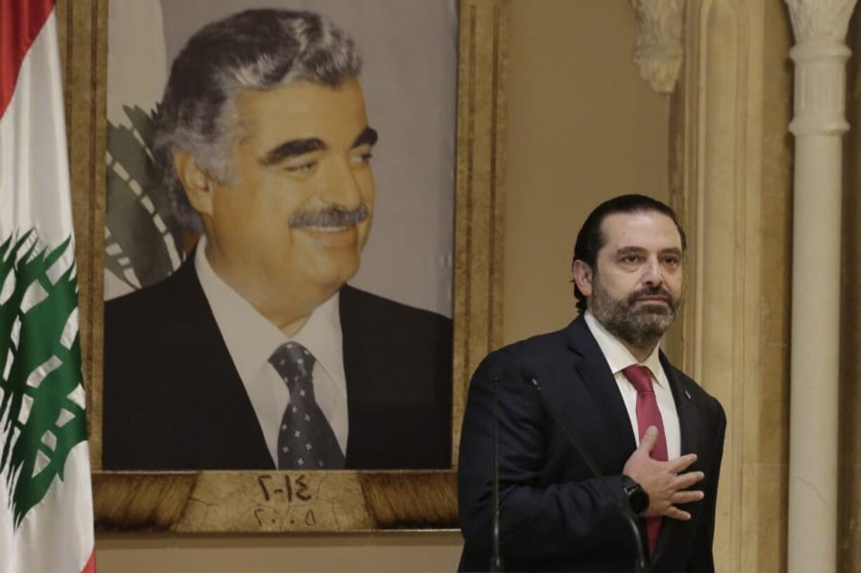 Lebanese Prime Minister Saad Hariri speaks during an address to the nation in Beirut, Lebanon, Tuesday, Oct. 29, 2019. Lebanon&#039;s embattled prime minister says he is presenting his resignation to the president after he hit a &quot;dead end&quot; amid nationwide anti-government protests.