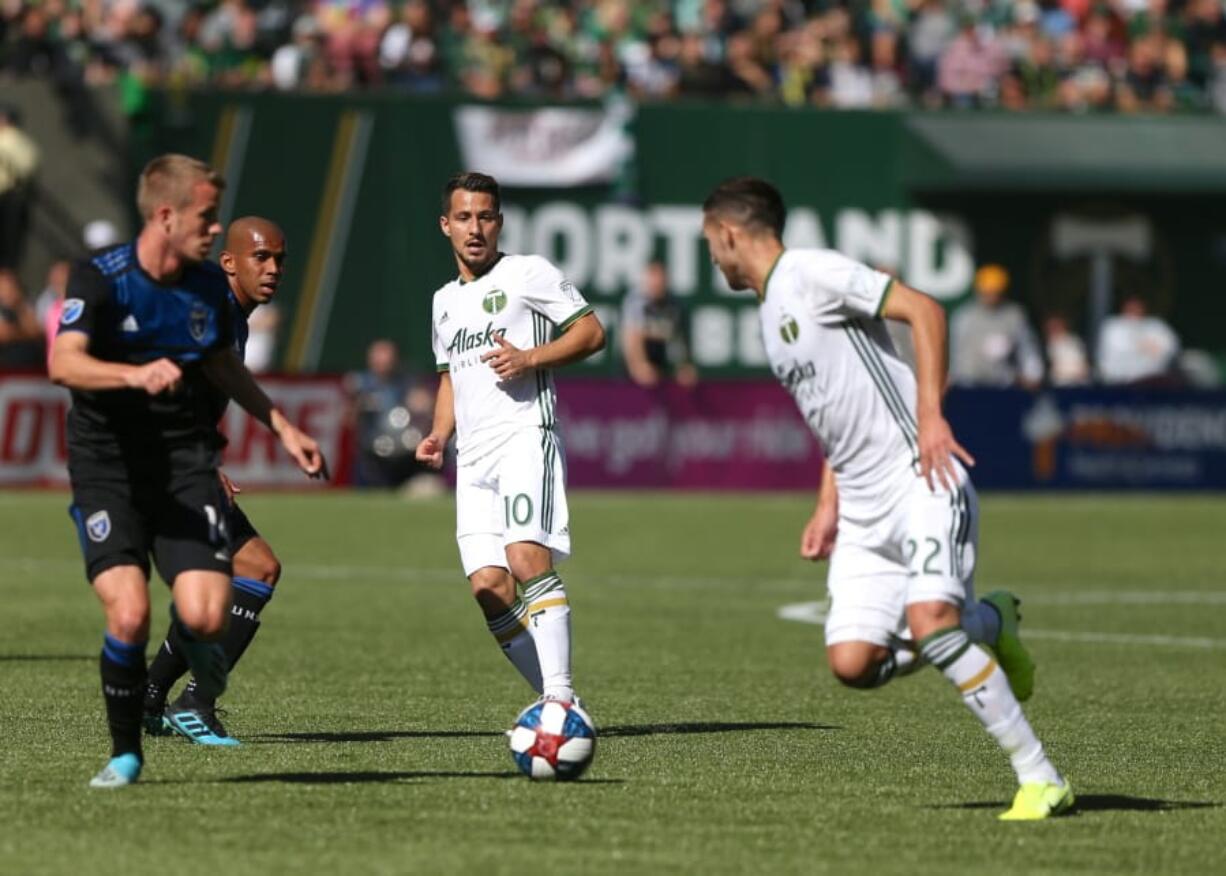 Portland Timbers&#039; Sebastian Blanco, center, passes the ball ahead to Christhian Paredes, right, as San Jose Earthquakes&#039; Jackson Yueill, front left, defends during an MLS soccer match in Portland, Ore., Sunday, Oct. 6, 2019.